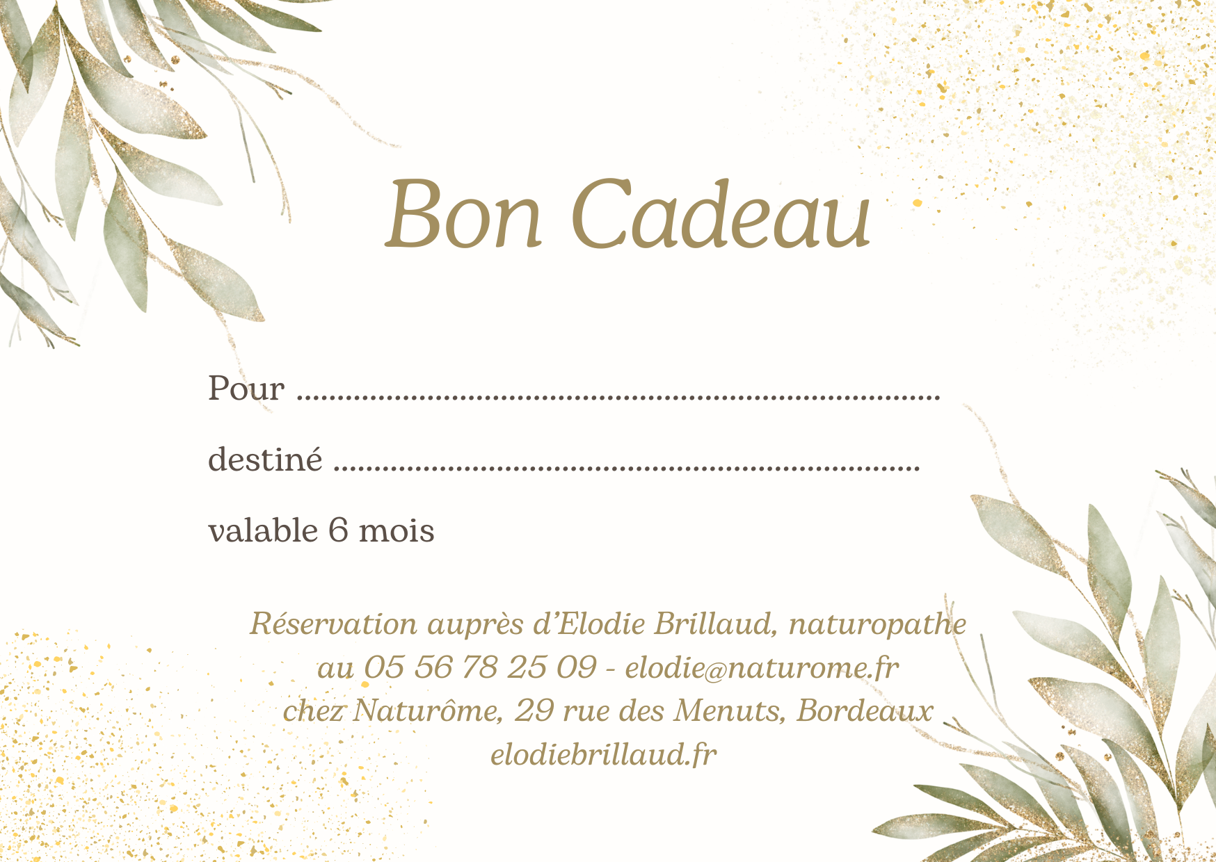 bon cadeau pour massage 1h corps ou visage par Elodie Brillaud Naturôme Bordeaux